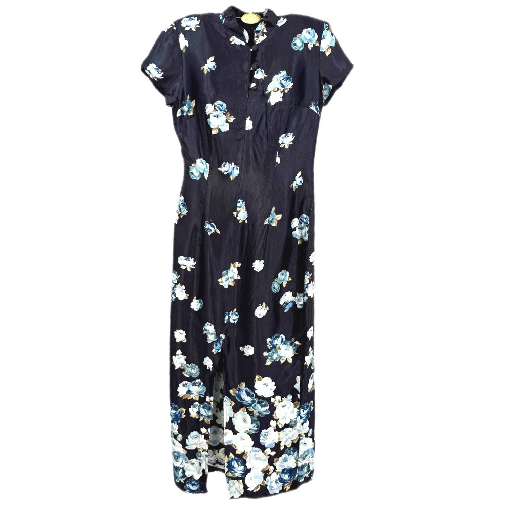 Vintage Breakin Loose Navy Blue Floral Maxi Dress Mandarin Collar Size 7/8 USA